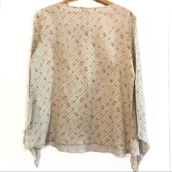 Vintage Slit Bell Sleeve Floral Stripe Soft Blouse - Picture 7 of 8